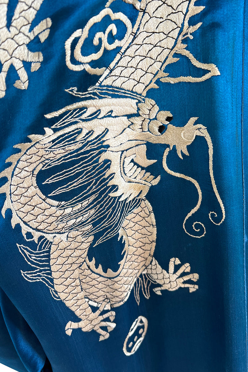 Decadant 1920s Unlabeled Deep Blue Silk Kimono w Hand Embroidered Dragons