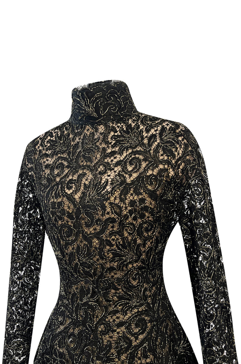 1980s James Galanos Attributed Demi-Couture Black & Metallic Gold Lace Dress Set