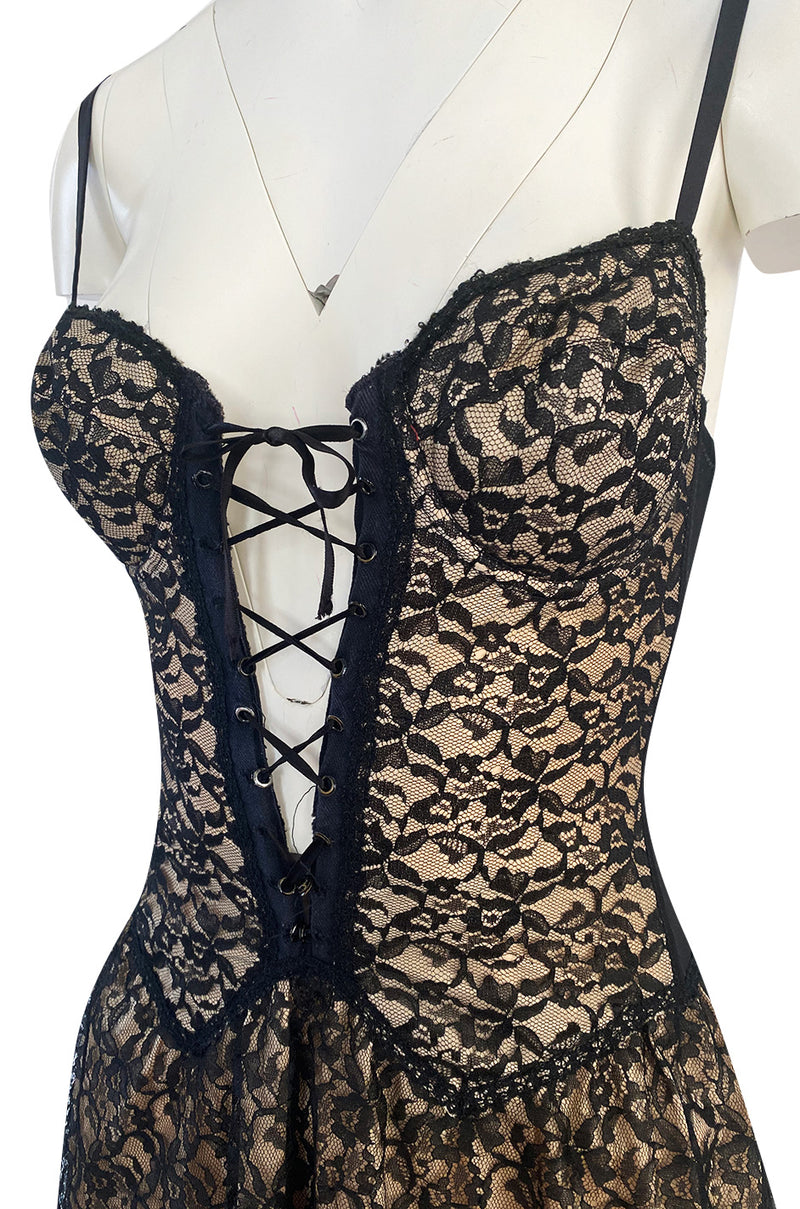 1950s Black Lace Over Nude Stretch Jersey Front Lace Lingerie Under Dress Slip