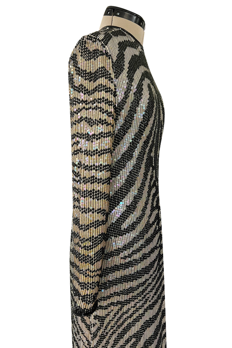 Iconic Late 1970s Halston Rare Iridescent Gold & Black Sequin Tiger Print Dress