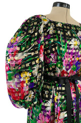 Beautiful 1970s Michael Novarese Ribbon Weave Silk Chiffon Bright Floral & Metallic Dress