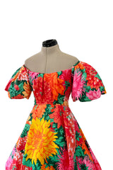 Brilliant Spring 1987 Arnold Scaasi Off Shoulder Silk Twill Floral Dress w Pouf Skirts
