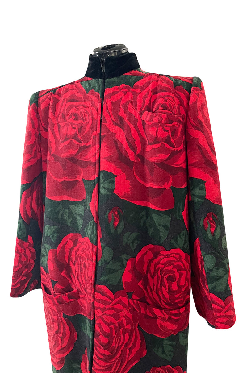 Fall 1985 Valentino Runway Felted Wool & Velvet Trim Over-sized Coat w Huge Rose Print Coat
