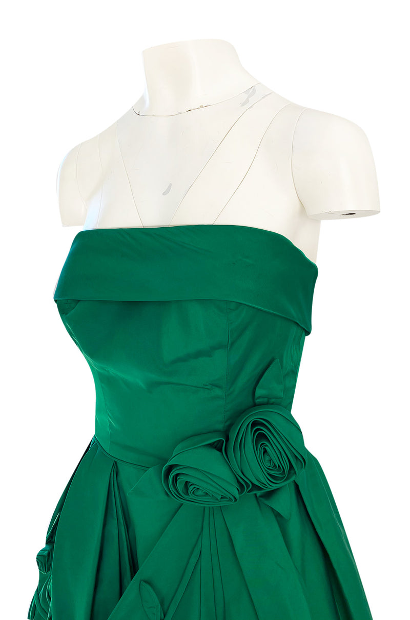 1950s Suzy Perette Emerald Green Strapless Full Skirted Dress w 3D Flower Detailing