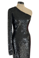 Early 2000s John Anthony Couture One Shoulder & Sleeve Densely Sequinned Glossy Black Dress