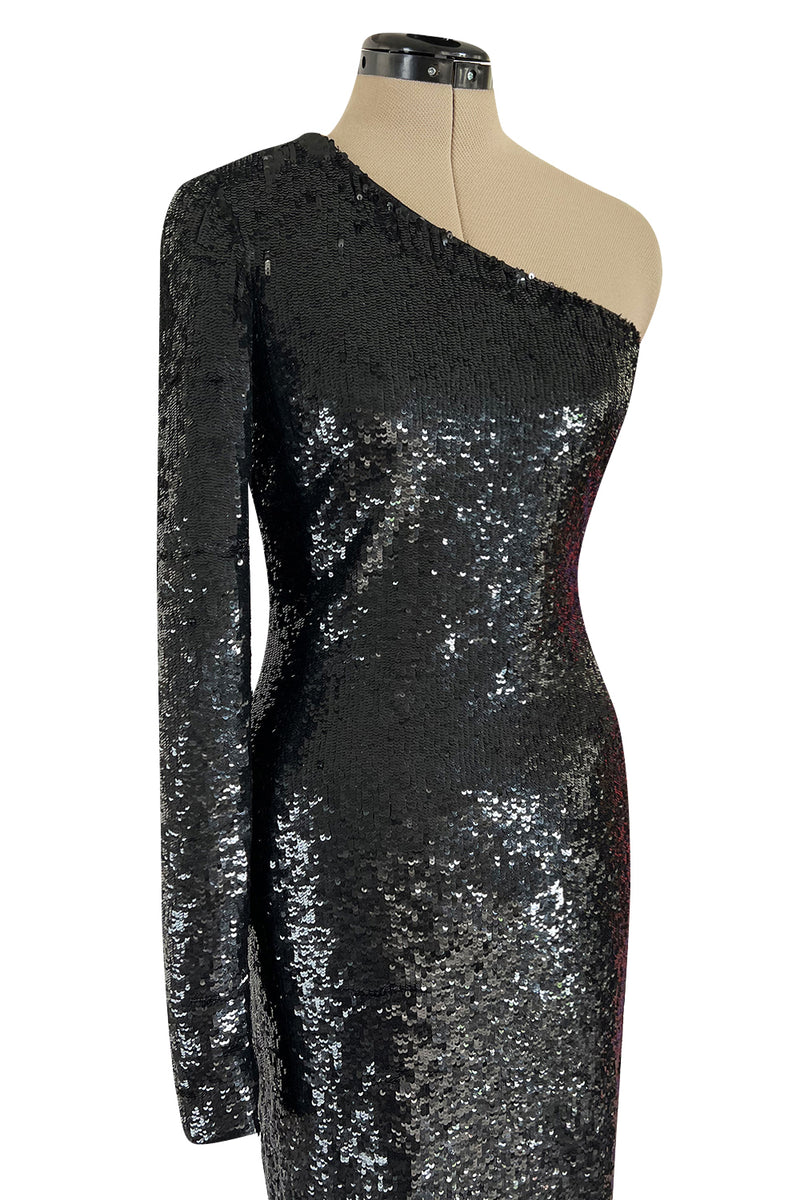 Early 2000s John Anthony Couture One Shoulder & Sleeve Densely Sequinned Glossy Black Dress