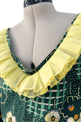 Prettiest 1930s Green Floral Print Bias Cut Silk Crepe w Yellow Collar & Original Belt