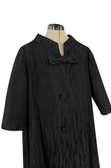 Minimalist 1960s Marty Modell Black Silk Jaquard Brocade Coat w Bow Detail