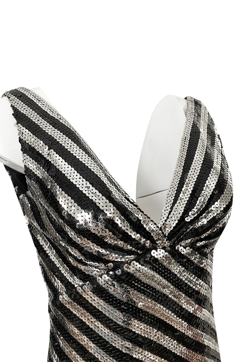 1970s Ruben Panis Silver & Black Sequin Low Front & Back Dress