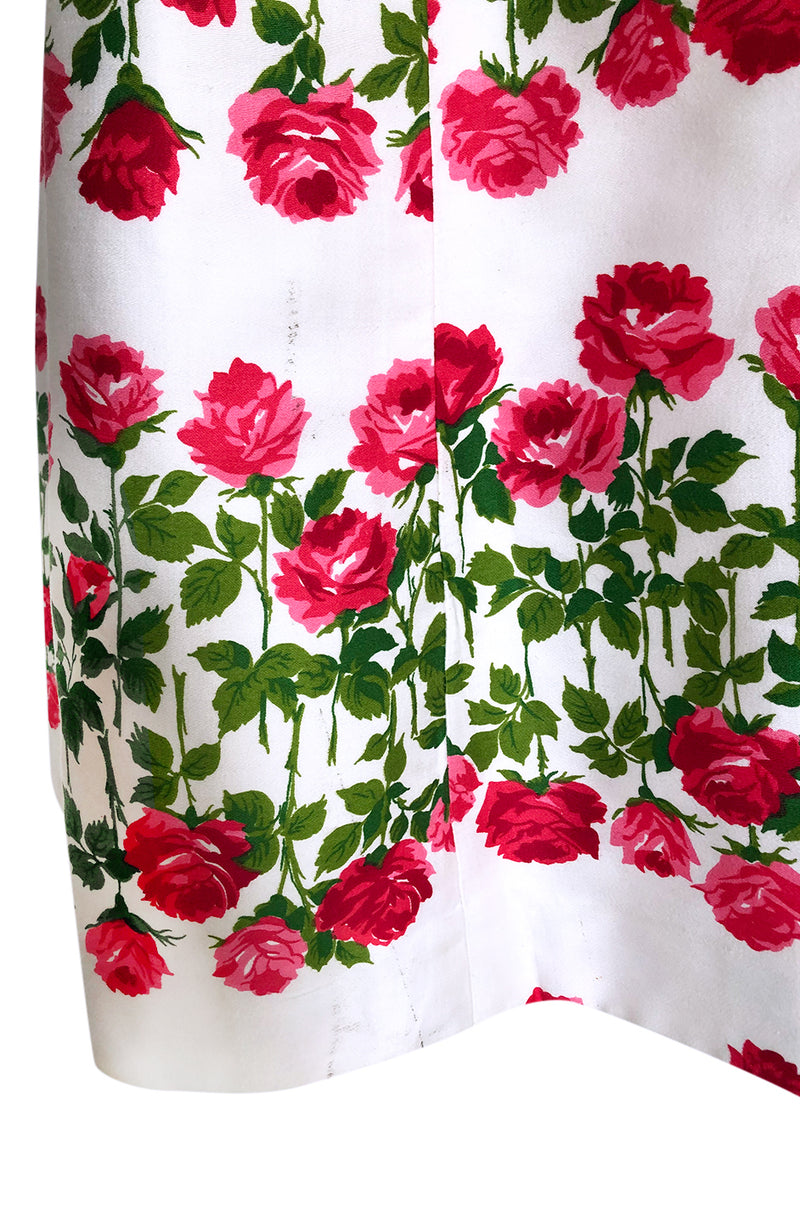1960s Unlabeled Pink & Green Floral Print on White Cotton Dress