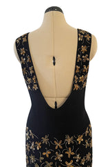 Incredible 1930s Black Moss Silk Crepe Dress Densely Covered w Rare Gelatin Sequins & Seed Beads