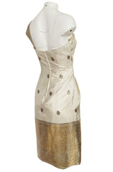 1960s Stavropoulos Gold Embroidered Ivory Silk One Shoulder Dress & Coat