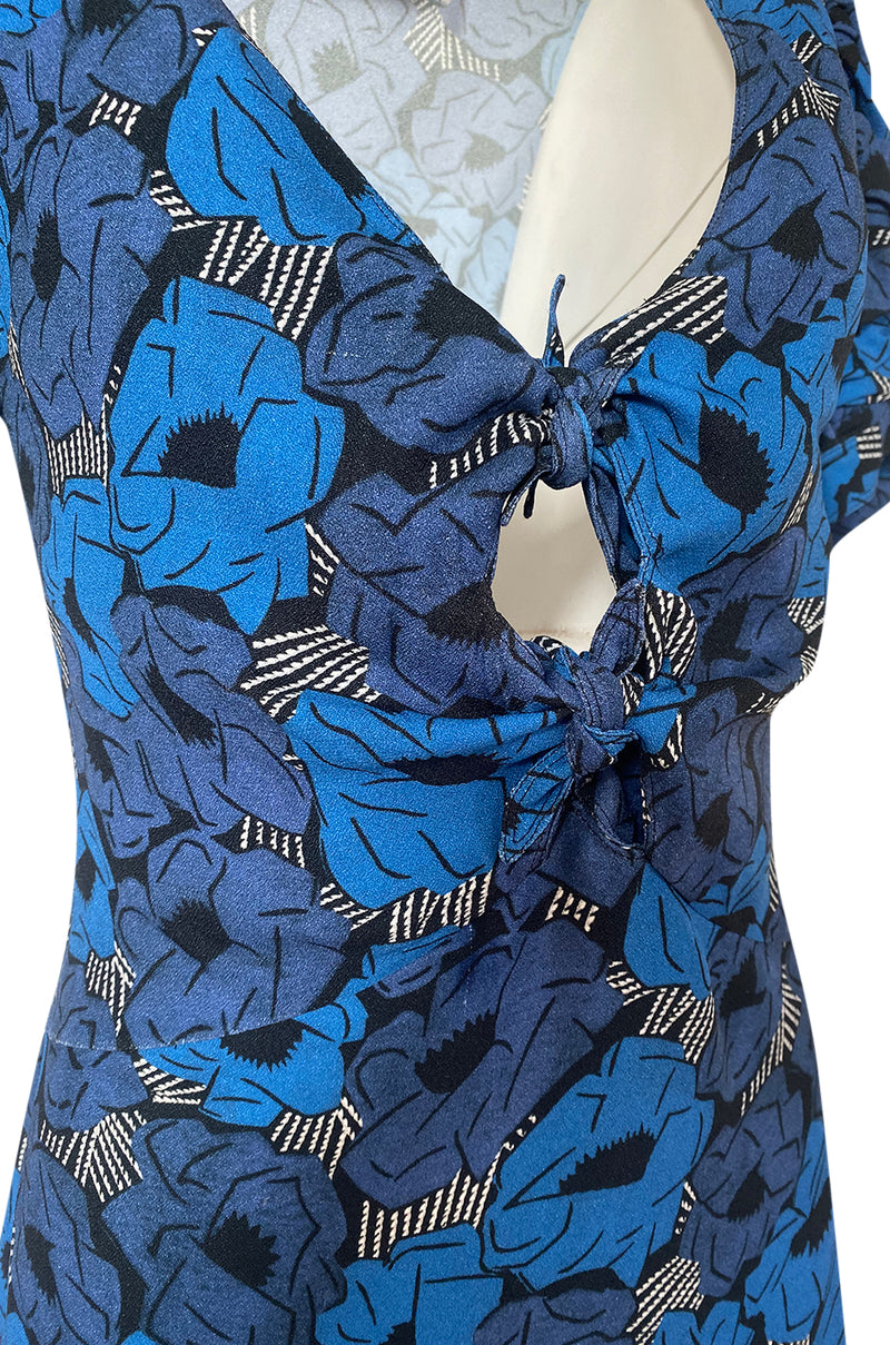 Resort 2012 Yves Saint Laurent Tie Front Blue Print Crepe Dress