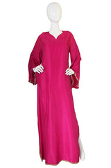 1960s Vivid Pink Silk and Gold Braid Rainbow Caftan