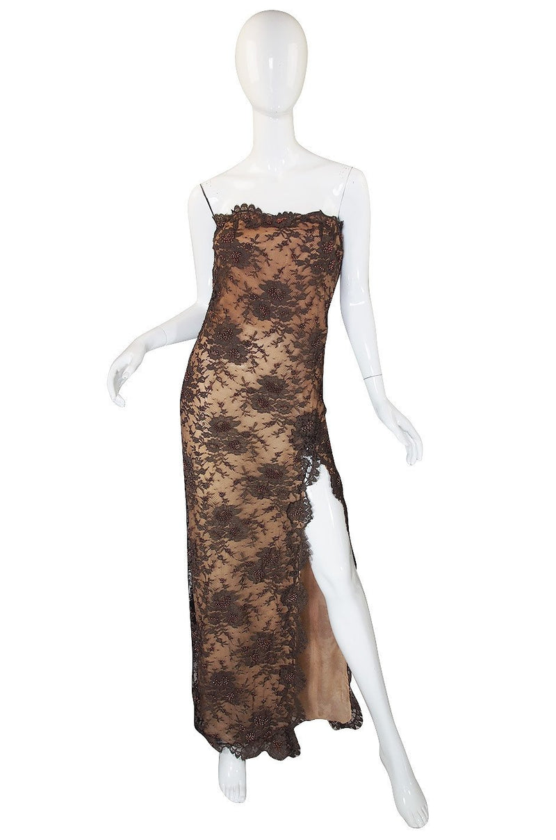 1970s John Anthony Couture Beaded Lace Strapless Dress