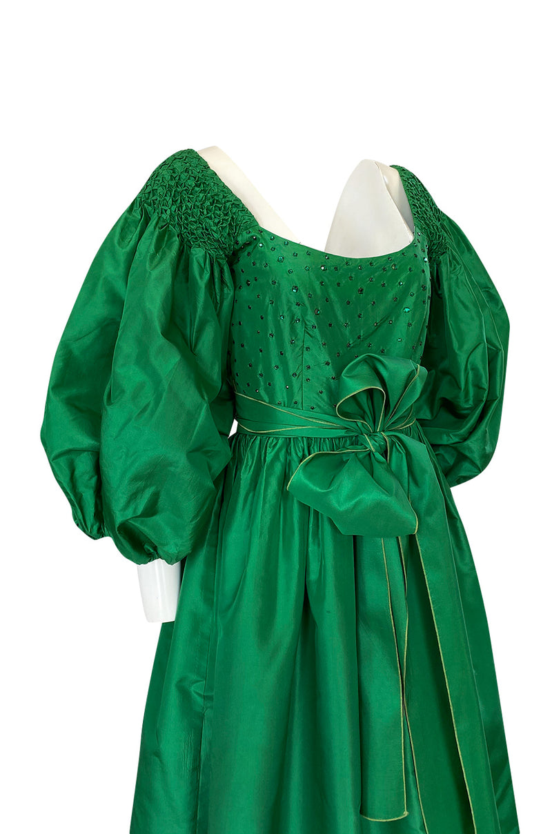 1960s Richiline Emerald Green Silk Dress w Pouf Sleeves & Rhinestone Detail