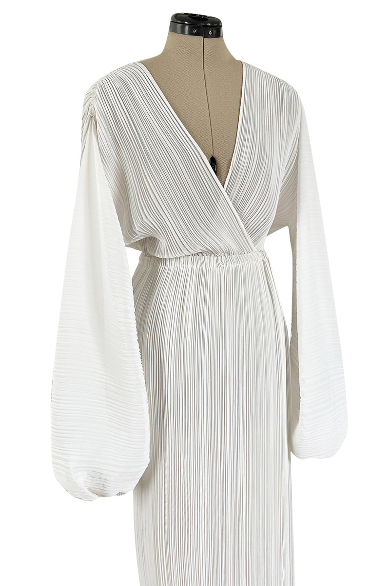 Incredible Spring 1978 Halston Plunged & Pleated White Wrap Silk Chiffon Runway Dress