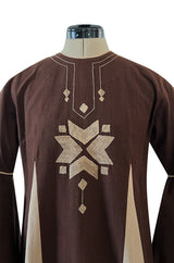 1960s Josefa Hand Embroidered Chocolate & Natural Linen Colour Bell Sleeve Caftan