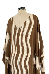 1980s Bill Blass Wavy Stripe & Abstract Print Pattern Soft Brown & Creamy Taupe Silk Caftan Dress