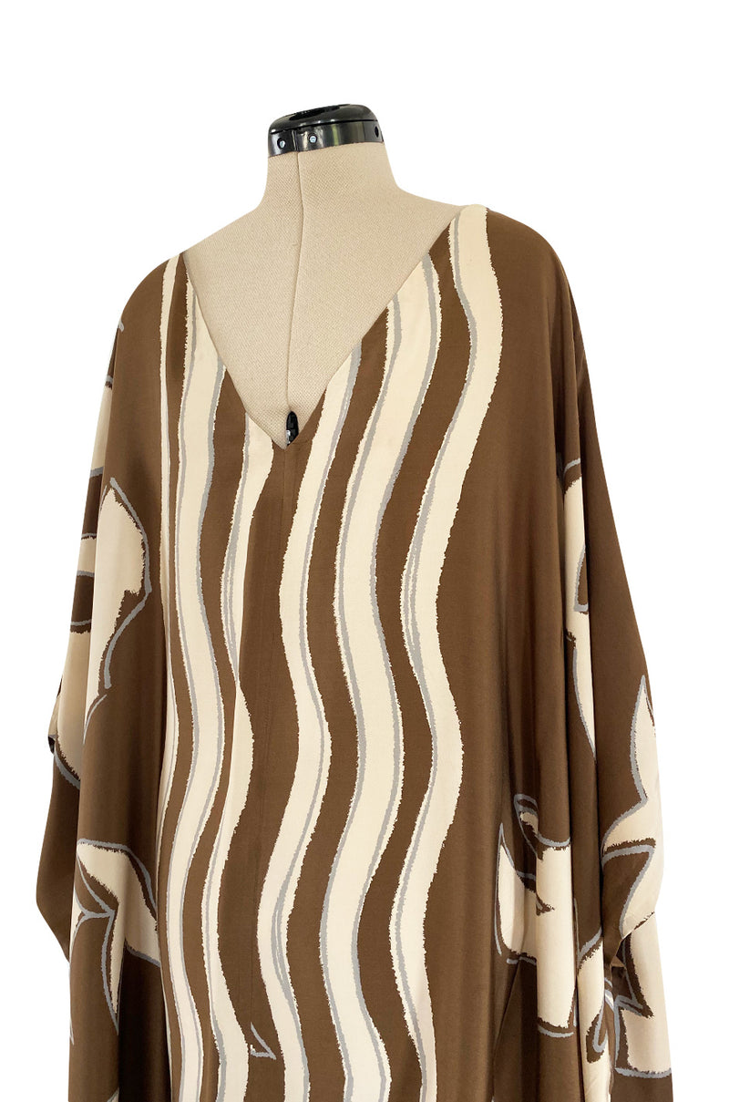 1980s Bill Blass Wavy Stripe & Abstract Print Pattern Soft Brown & Creamy Taupe Silk Caftan Dress