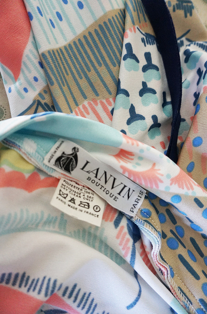 1970s Lanvin Pastel Scenic Printed Jersey Maxi Dress