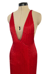 Showstopping 1975 John Anthony Couture Deep Plunging Red Dress Entirely Covered in Glass Beads