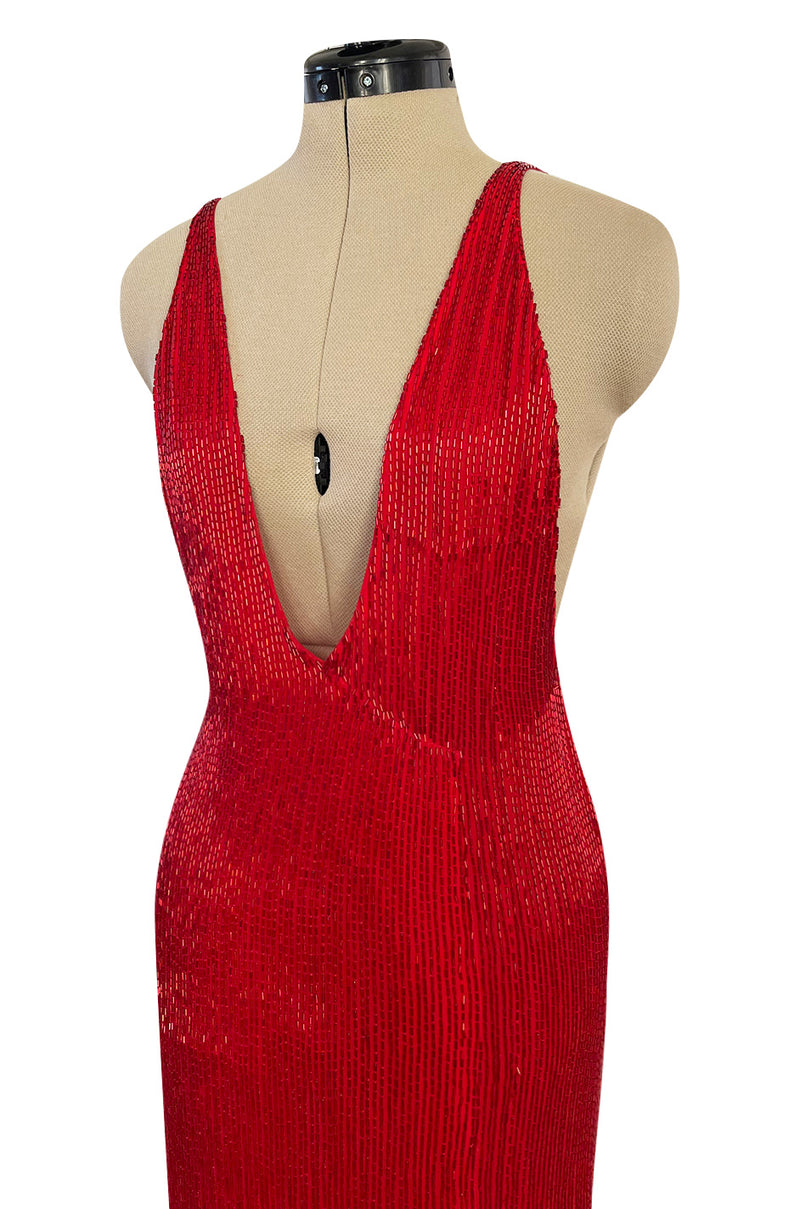 Showstopping 1975 John Anthony Couture Deep Plunging Red Dress Entirely Covered in Glass Beads