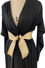 Documented 1980 Bill Tice Plunging Front Black Jersey Dress w Top Stitched Gold Belt