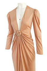 1981 Bill Tice Peach Nylon Jersey Long Sleeve Deep Plunge Dress w Gold Lame Flower & Trim