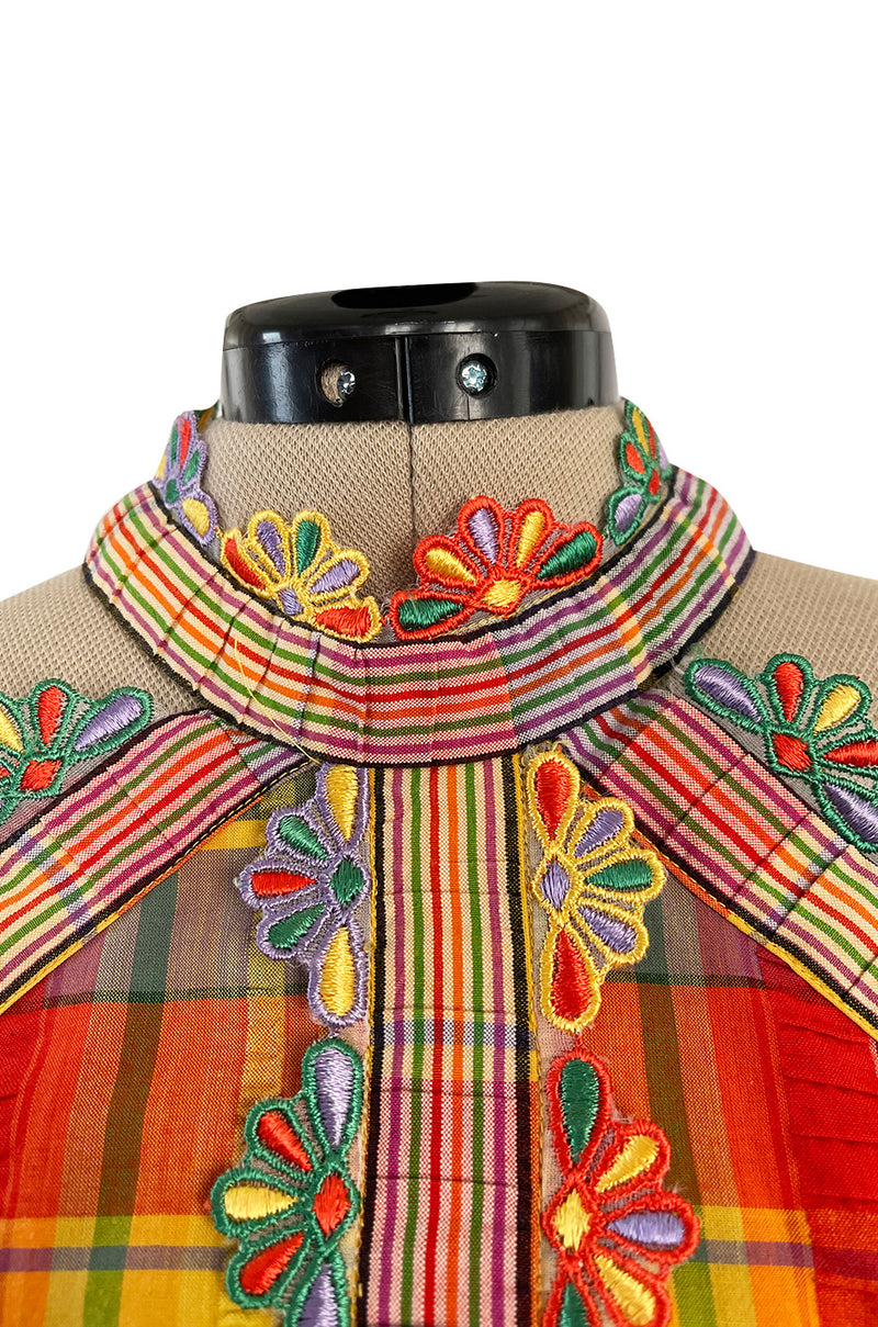 1972 Donald Brooks Textured Cotton Plaid Print Dress w Embroidered Flower Trim