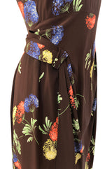 1940s Unlabeled Spectacular Floral Printed Brown Silk Swing Dress