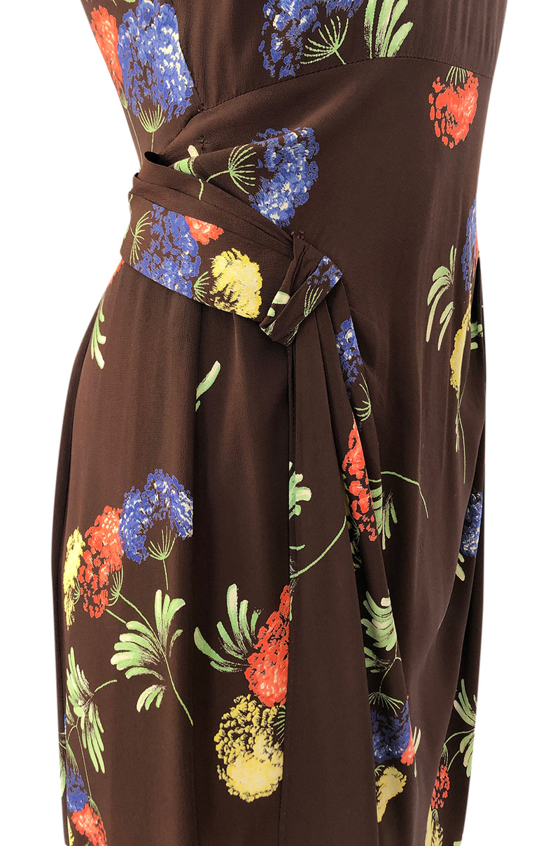 1940s Unlabeled Spectacular Floral Printed Brown Silk Swing Dress