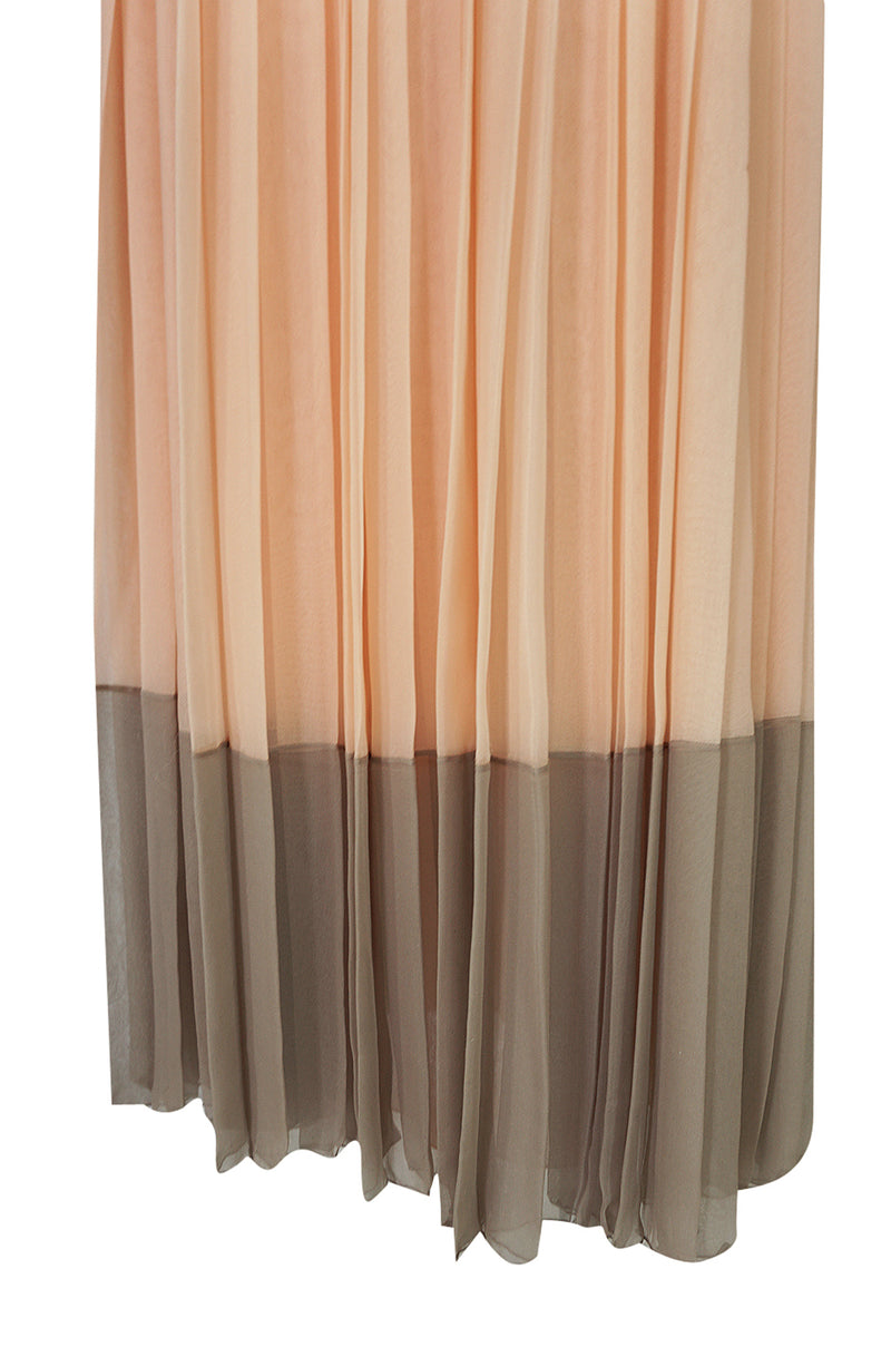 Spring 1973 Galanos Couture Pleated Peach & Taupe Silk Chiffon Dress
