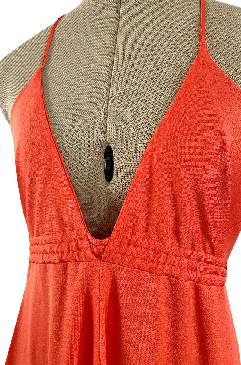 Fantastic 1970s Frank Usher Coral Jersey Dress w a Deep Front Plunge & No Back