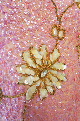 c.1965 Gene Shelly Pink Sequin Stretch Knit Dress w 3D Floral Design