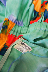 1970s Hanae Mori Green & Tropical Bird Caftan Dress