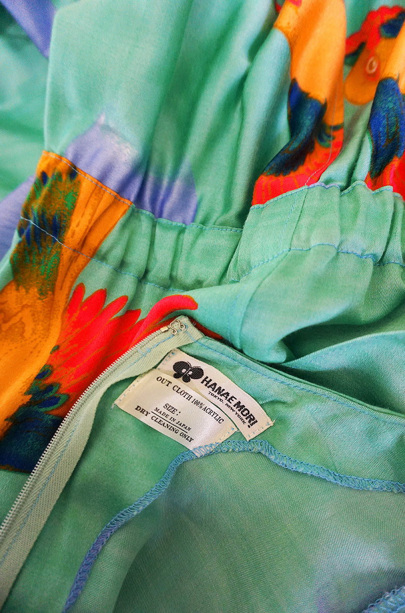 1970s Hanae Mori Green & Tropical Bird Caftan Dress