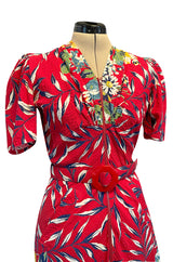 Gorgeous 1940s Unlabeled Cotton Pique Red & Bright Floral Print Dress w Original Belt