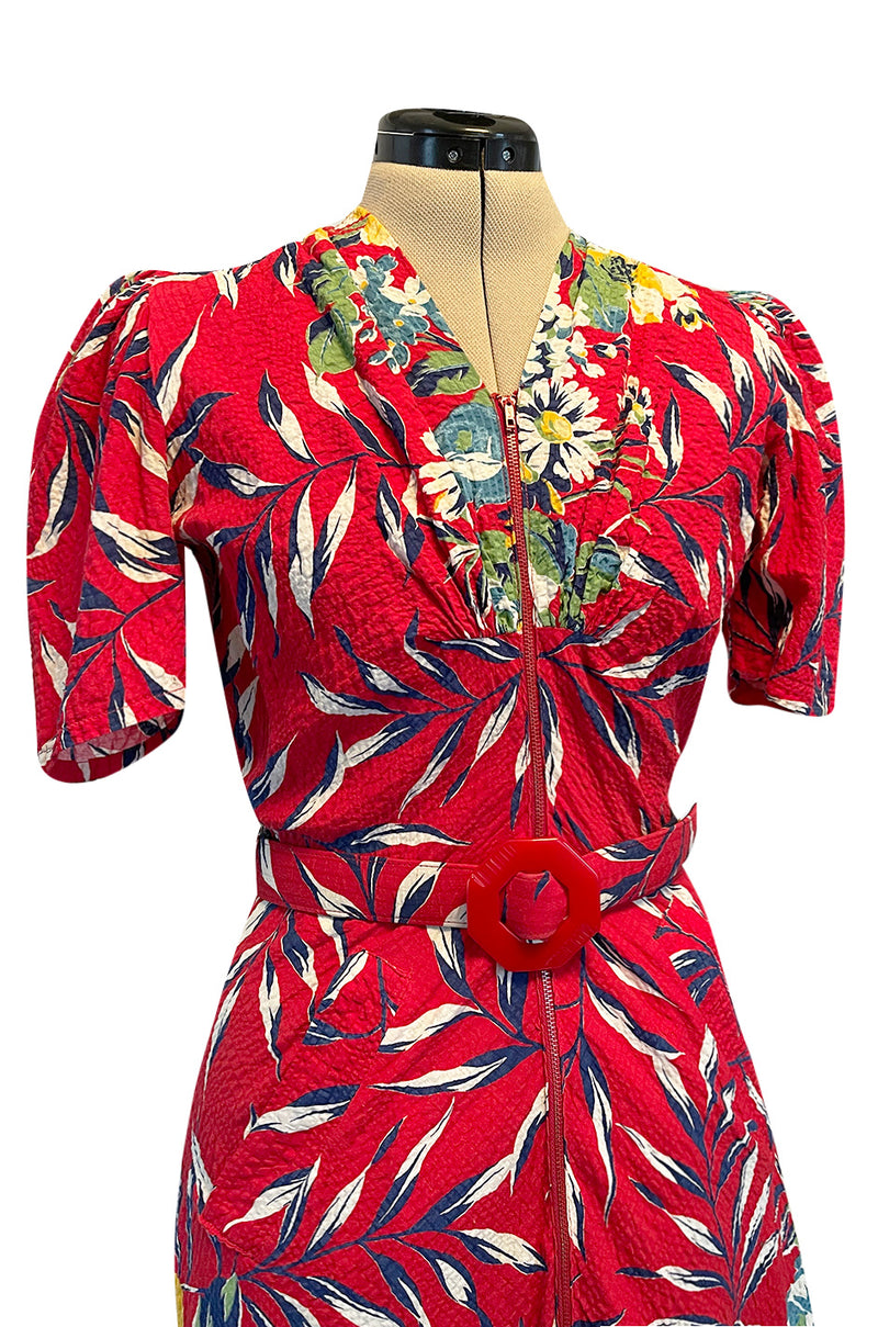 Gorgeous 1940s Unlabeled Cotton Pique Red & Bright Floral Print Dress w Original Belt