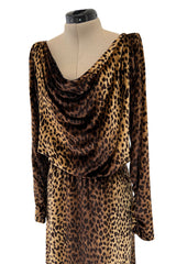 Important Spring 1993 Yves Saint Laurent Runway Draped Neckline Panne Velvet Leopard Print Dress