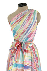 Spectacular 1970s Oscar de la Renta One Shoulder Lightweight Chiffon Rainbow Stripe Dress