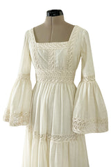 Bohemian 1970s Victor Costa Mexican Wedding Dress Feel Ivory Cotton & Lace Dress