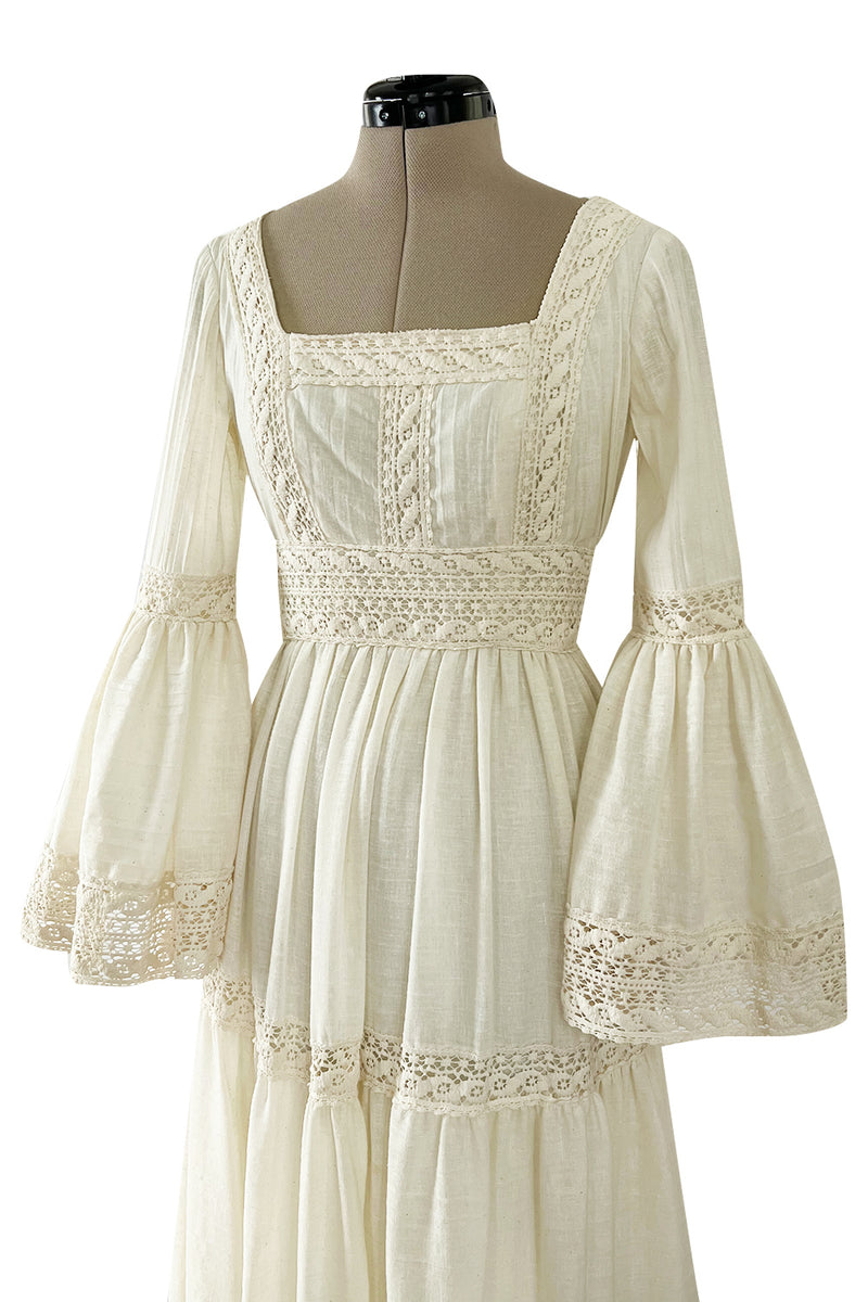 Bohemian 1970s Victor Costa Mexican Wedding Dress Feel Ivory Cotton & Lace Dress