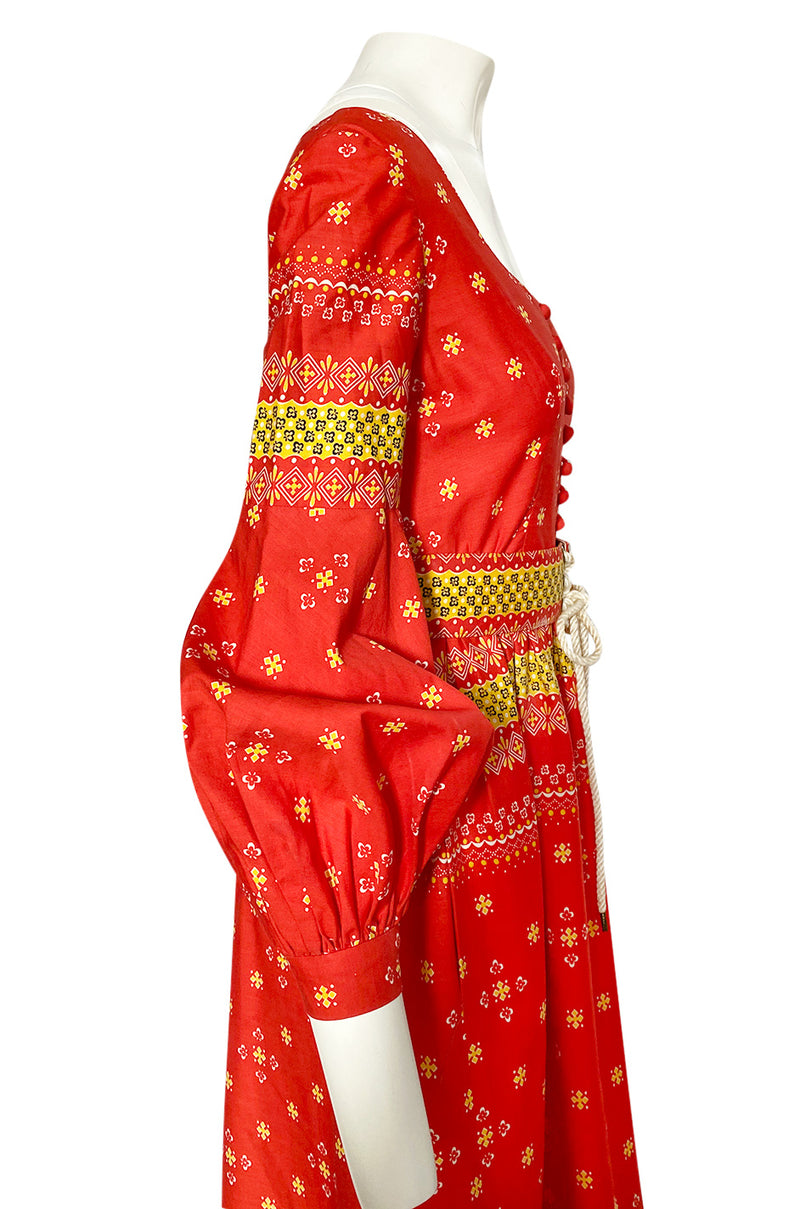 Spring 1971 Oscar de la Renta Red Printed Dress w Pouf Sleeves & Original Belt