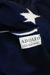 1970s Deep Navy Blue & White Star Print Adolfo Knit Dress