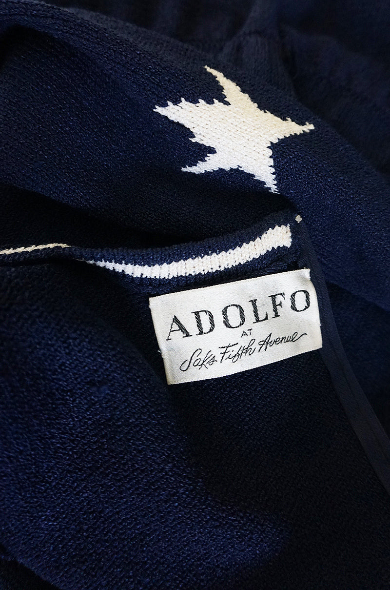 1970s Deep Navy Blue & White Star Print Adolfo Knit Dress
