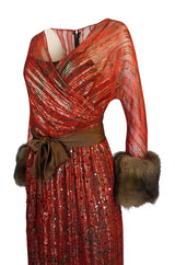 Fall 1979 Bill Blass Couture Hand Sequin Gold & Red Silk Chiffon Dress