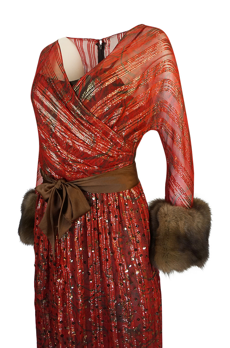 Fall 1979 Bill Blass Couture Hand Sequin Gold & Red Silk Chiffon Dress