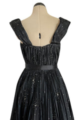 Rare 1961 Norman Hartnell Couture Black Silk Taffeta Dress w Crystal Detailing