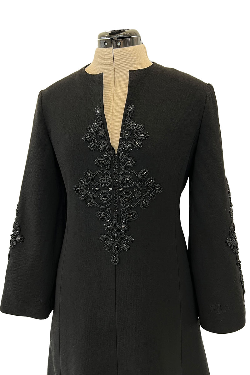 Gorgeous 1960s Alberto Fabiani Roma Black Dress w Elaborate Beaded Cord Detail